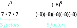 On the left side, 7 to the 3rd power is shown. Below is 7 times 7 times 7, with 3 factors written below. On the right side, parentheses negative 8 to the 5th power is shown. Below is negative 8 times negative 8 times negative 8 times negative 8 times negative 8, with 5 factors written below.