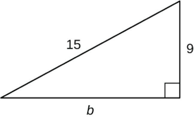 A right triangle is shown. The right angle is marked with a box. The side across from the right angle is labeled as 15. One of the sides touching the right angle is labeled as 9, the other is labeled “b”.