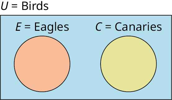 A two-set Venn diagram not intersecting one another is given. Outside the Venn diagram, 'U equals Birds' is labeled. The first set is labeled E equals Eagles while the second set is labeled C equals the Canaries.