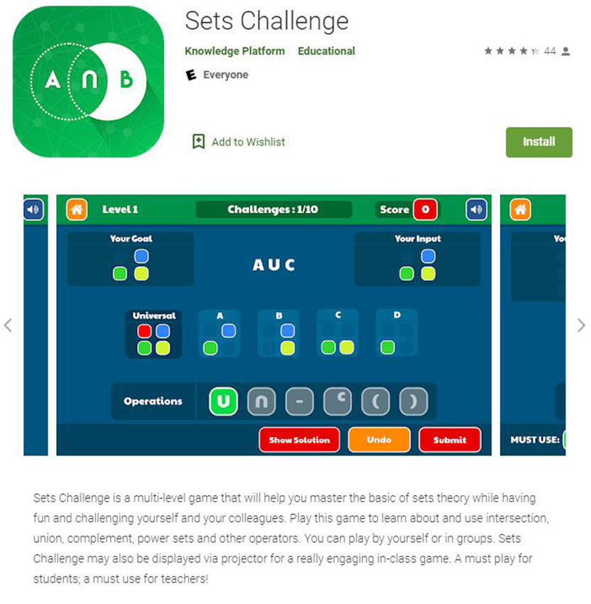 A screenshot of an application named Sets Challenge on the Google play store