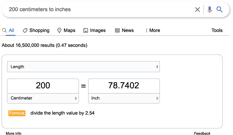A screenshot of the Google web browser shows 200 centimeters in inches entered in the search bar