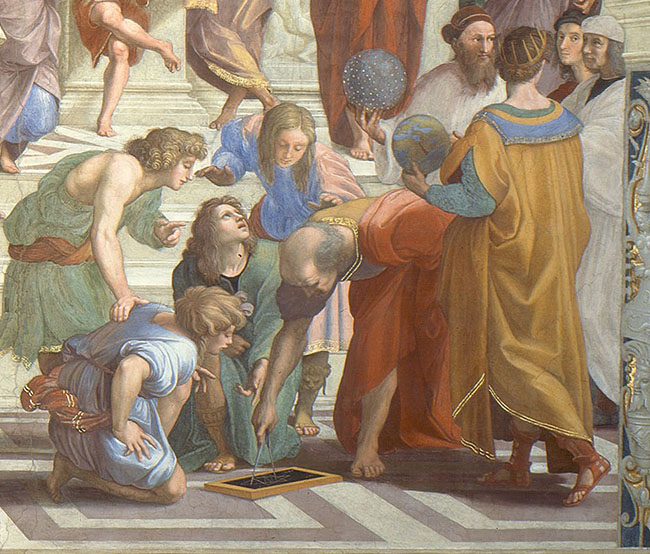 A detail of the School of Athens by Raphael shows Euclid drawing the figure of a hexagram with a compass.