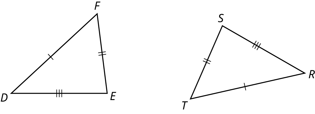 Two triangles, D E F and R S T. The side, D F is congruent to the side, R T. The side, E F is congruent to the side, S T. The side, D E is congruent to the side, R S.