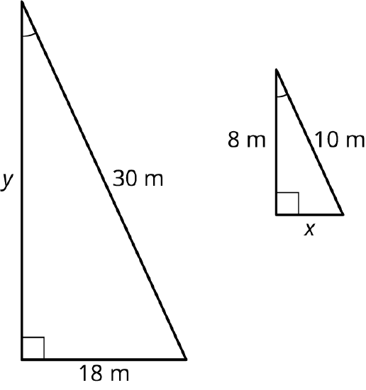Two right triangles. In the first triangle, the legs measure y and 18 meters. The hypotenuse measures 30 meters. In the second triangle, the legs measure 8 meters and x. The hypotenuse measures 10 meters. The top angles in both triangles are congruent.
