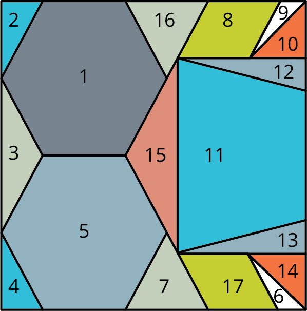 A rectangle is made up of 17 polygons. Polygons 1 and 5 are hexagons. Polygons 2, 3, 4, 6, 7, 9, 10, 12, 13, 14, 15, and 16 are triangles. Polygons 8 and 17 are parallelograms. Polygon 11 is a trapezoid.