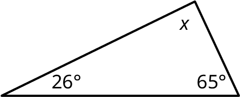 A triangle with its interior angles marked x, 26 degrees, and 65 degrees.