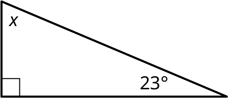 A right triangle with its interior angles marked x, 90 degrees, and 23 degrees.