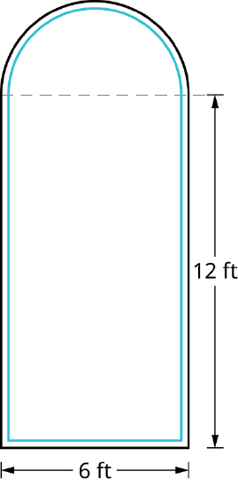 A polygon shows a semicircle resting on top of a rectangle. The length and width of the rectangle measure 12 feet and 6 feet. The radius of the semicircle measures 6 feet.