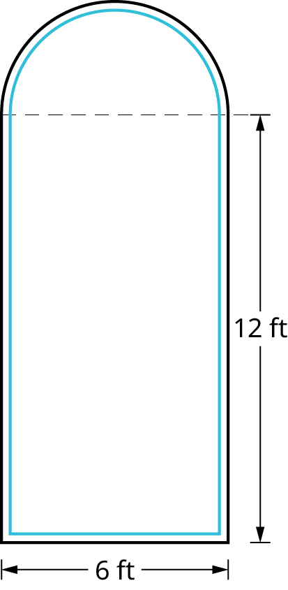 A polygon shows a semicircle resting on top of a rectangle. The length and width of the rectangle measure 12 feet and 6 feet. The radius of the semicircle measures 6 feet.