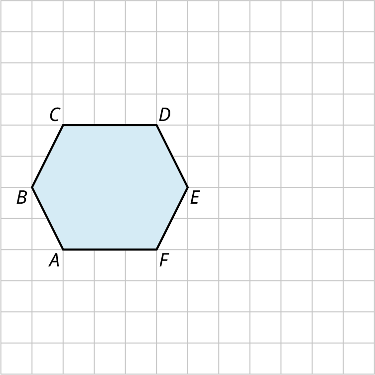 Hexagon, A B C D E F is plotted on a grid. The bottom and top sides, A F and C D measure 3 units, each. The other sides, C B, B A, D E, and E F measure 2 units, each.