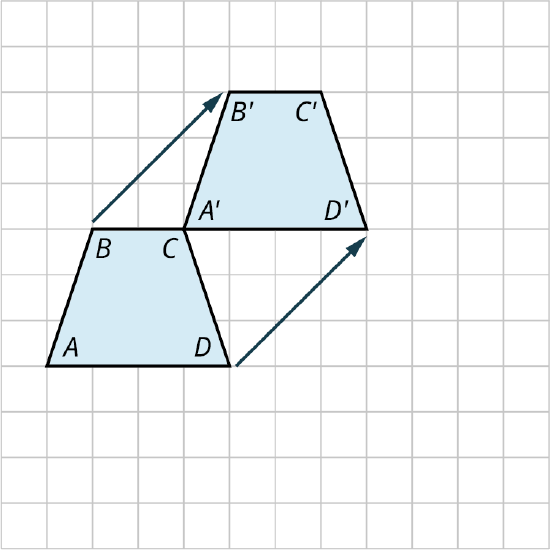 A trapezoid is translated on a rectangular grid. The vertices of the original trapezoid are A, B, C, and D. The trapezoid can be described as follows. The top side measures 2 units. From its right, it goes 3 units bottom-right, then goes 4 units left, and then goes 3 units to the top-right. The trapezoid is translated 3 units to the right and 3 units up. The vertices of the translated trapezoid are A prime, B prime, C prime, and D prime.