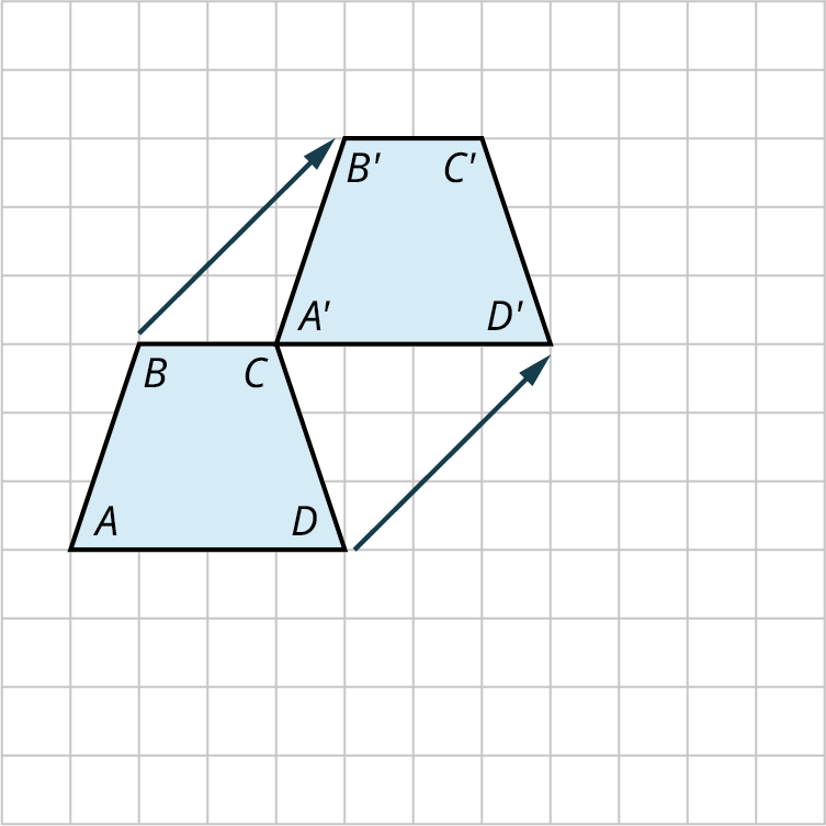 A trapezoid is translated on a rectangular grid. The vertices of the original trapezoid are A, B, C, and D. The trapezoid can be described as follows. The top side measures 2 units. From its right, it goes 3 units bottom-right, then goes 4 units left, and then goes 3 units to the top-right. The trapezoid is translated 3 units to the right and 3 units up. The vertices of the translated trapezoid are A prime, B prime, C prime, and D prime.