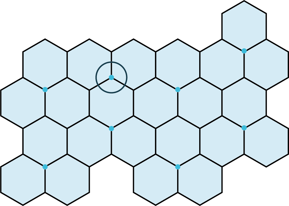 A tessellation pattern is made up of 23 hexagons. Eight points are marked at eight different vertices. One of the points is outlined.