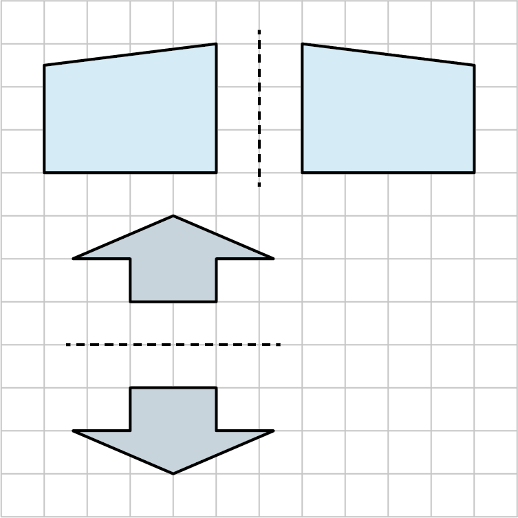Two shapes are reflected vertically and horizontally about a dashed line. The first shape is a right trapezoid. The bottom side measures 4 units. From its left, it goes 2 and a half units, then goes 4 units top-right, and then goes 3 units down. The shape is reflected along a vertical dashed line. The second shape is an up arrow. The bottom side measures 2 units. From its left, it goes 1 unit up, then goes 1 and a quarter units left, then goes 2 and a quarter units top-right, then goes 2 and a quarter units bottom-right, then goes 1 and a quarter units left, and then goes 1 unit down. The arrow is reflected along a horizontal dashed line.