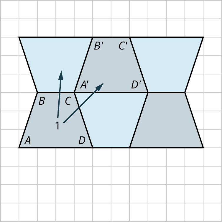 A tessellation pattern made up of six trapezoids is plotted on a rectangular grid. The sides of each square measure 2 units. The sides of each equilateral triangle measure 2 units. The square A 1 is rotated 30 degrees to the right to form a new square A 2. The new square is reflected horizontally to form a new square A 3. These 3 squares are reflected vertically along a dashed line. The spaces in between the squares resemble triangles.