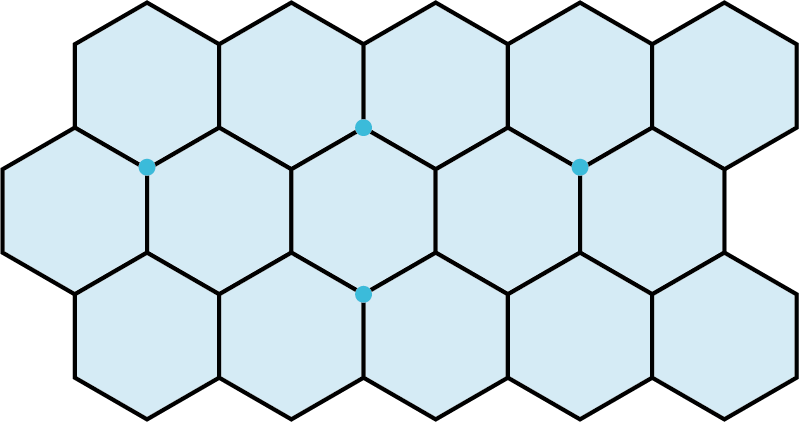 A tessellation pattern is made up of 18 hexagons. Four points are marked at eight different vertices.