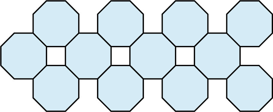 A tessellation pattern is made up of 12 octagons. The octagons are arranged in such a way that 3 squares are formed.