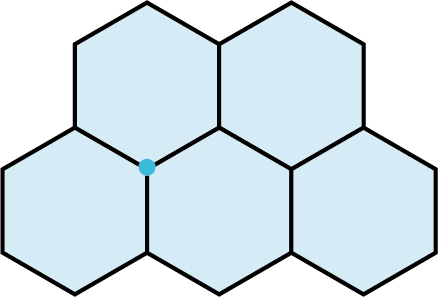 A tessellation pattern is made up of five hexagons. In the first row, two hexagons are present. In the second row, three hexagons are present. A point is marked at the bottom vertex of the first hexagon.