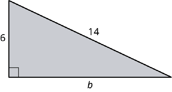 A right triangle with its legs marked 6 and b. The hypotenuse is marked 14.