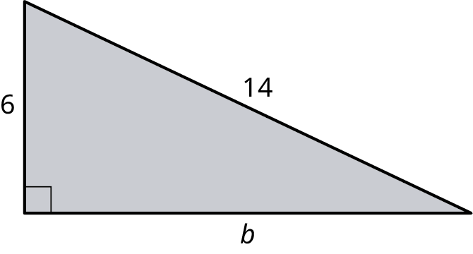 A right triangle with its legs marked 6 and b. The hypotenuse is marked 14.