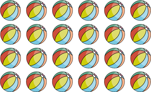 A group of beach balls arranged in 4 rows of 6 balls.