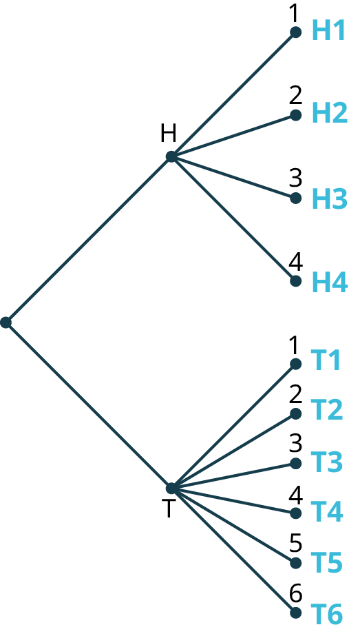 A tree diagram with three stages. The diagram shows a node branching into two nodes labeled H and T. Node, H branches into four nodes labeled 1, 2, 3, and 4. Node, T branches into six nodes labeled 1, 2, 3, 4, 5, and 6. The possible outcomes are as follows: H 1, H 2, H 3, H 4, T 1, T 2, T 3, T 4, T 5, and T 6.