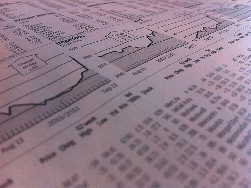 A close up view of a newspaper showing stock price changes.