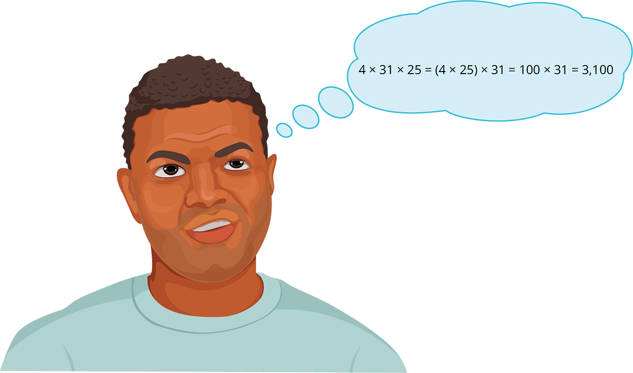An illustration shows a man thinking about the equation 4 times 31 times 25 equals 4 times 25 times 31 equals 100 times 31 equals 3,100.