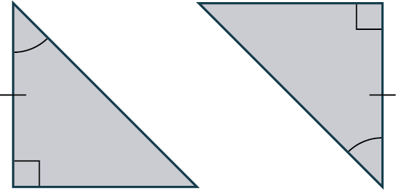 Two right triangles. The vertical legs in both triangles are of equal length. One of the angles in the first triangle is congruent with an angle in the second triangle.