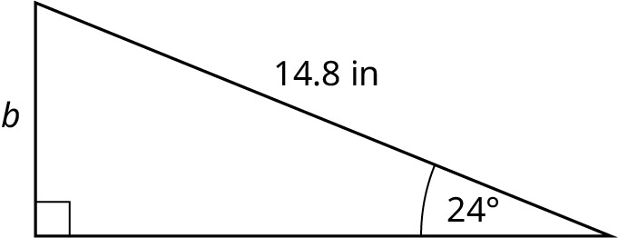 A right triangle. The vertical leg measures b and the hypotenuse measures 14.8 inches. The angle made by the horizontal leg and hypotenuse is marked 24 degrees.