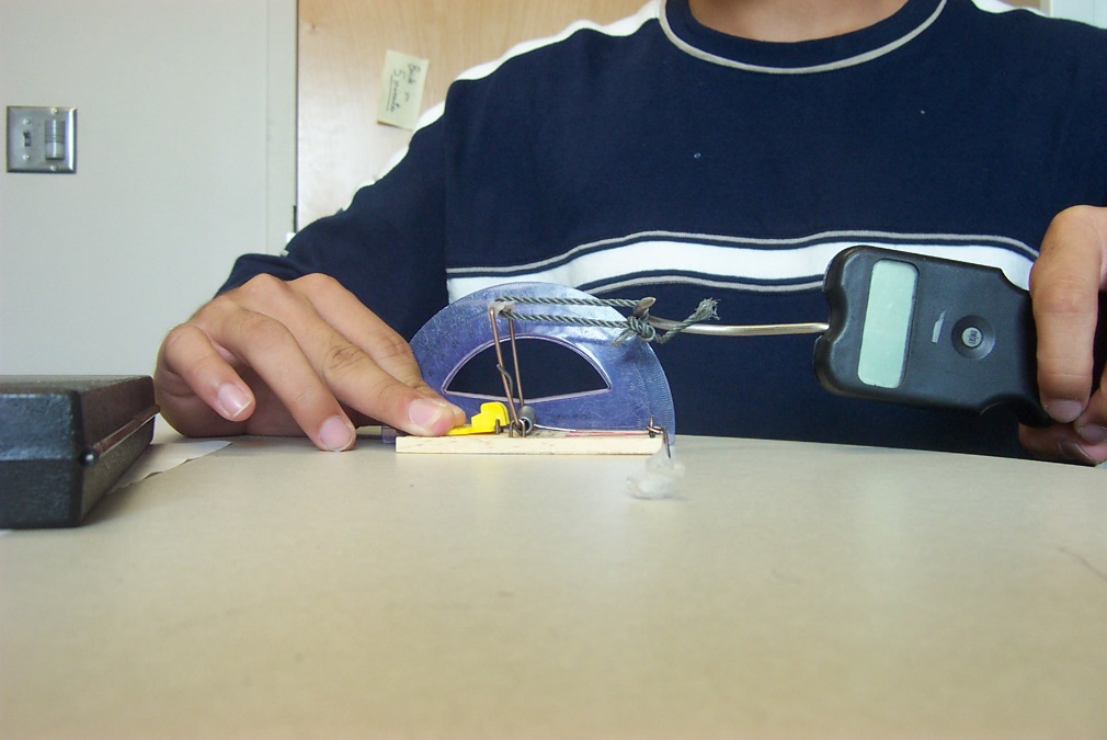 Experimental setup to measure a mousetrap spring constant, where the trap lever is pulled with a hook on a string and the angle through which the lever moves is measured with a protractor.