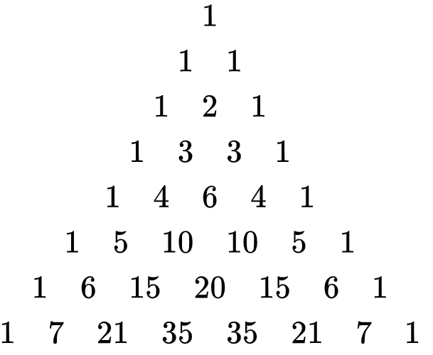 This is the first 7 rows (starting at 0) of Pascal's triangle desribed in the first paragraph of https://en.wikipedia.org/wiki/Pascal%27s_triangle