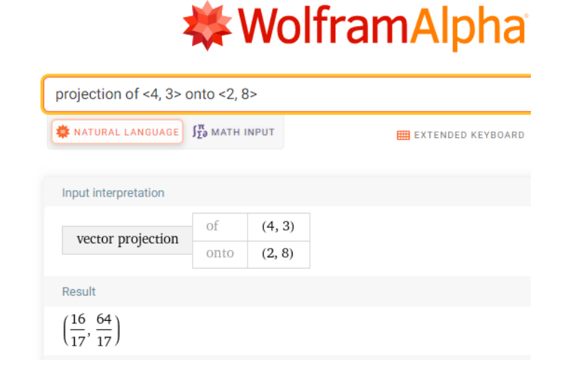 This image from Wolfgang Alpha shows the projection of <4.3> onto <2,8>