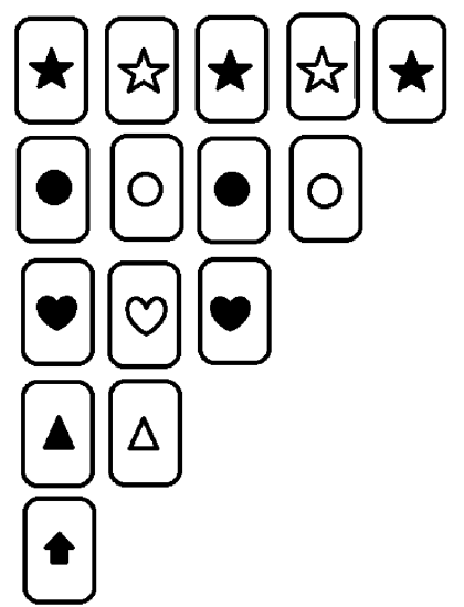 A deck of cards containing 5 stars, 4 circles, 3 hearts, 2 triangles, and 1 arrow. Three of the stars are black and 2 are white. Two circles are black and 2 are white. Two hearts are black and 1 is white. One triangle is black and one is white. The arrow is black.
