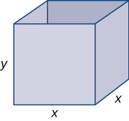 Uma caixa com base quadrada é mostrada. A base tem o comprimento lateral x e a altura é y.