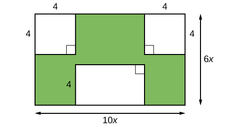Un grand rectangle avec des carrés plus petits et un rectangle à l'intérieur. La longueur du rectangle extérieur est de 6x et la largeur de 10x. La longueur latérale des carrés est de 4 et la hauteur de la largeur du rectangle intérieur est de 4.