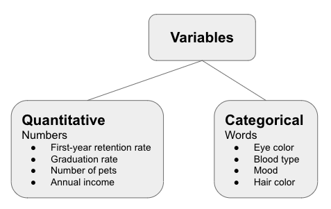Image showing two different types of variables: Quantitative and Categorical. Quantitative variables are numbers. For example, first-year retention rate, graduation rate, number of pets, annual income. Categorical variables are words. For example, eye color, blood type, mood.