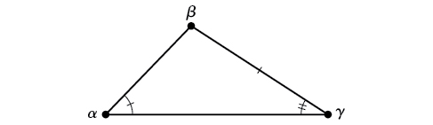 An oblique triangle consisting of angles alpha, beta, and gamma. Alpha and gamma are known, as is the side opposite alpha, between beta and gamma.
