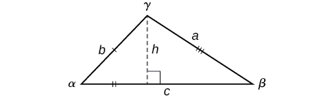 An oblique triangle consisting of sides a, b, and c, and angles alpha, beta, and gamma. Side c is opposide angle gamma and is the horizontal base of the triangle. Side b is opposite angle beta, and side a is opposite angle alpha. There is a dotted perpendicular line - an altitude - from the gamma angle to the horizontal base c.