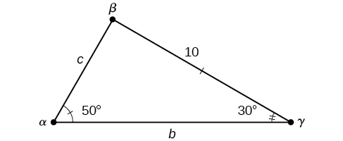 An oblique triangle with standard labels. Angle alpha is 50 degrees, angle gamma is 30 degrees, and side a is of length 10. Side b is the horizontal base.