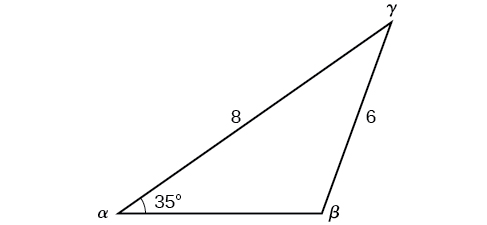 An oblique triangle with standard labels where side a is of length 6, side b is of length 8, and angle alpha is 35 degrees.