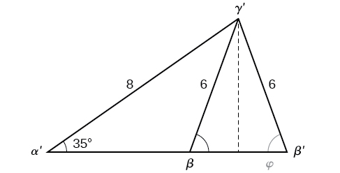 An oblique triangle built from the previous with standard prime labels. Side a is of length 6, side b is of length 8, and angle alpha prime is 35 degrees. An isosceles triangle is attached, using side a as one of its congruent legs and the angle supplementary to angle beta as one of its congruent base angles. The other congruent angle is called beta prime, and the entire new horizontal base, which extends from the original side c, is called c prime. There is a dotted altitude line from angle gamma prime to side c prime.