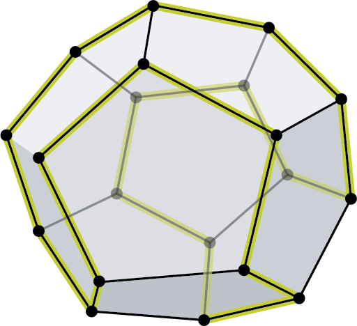 Two figures. The first figure is a 2 D view of a dodecahedron. The edges are highlighted. The second figure is a 3 D view of a dodecahedron. The edges in the front face are highlighted.