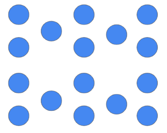 "A pattern of 15 evenly spaced blue circles arranged in a grid-like formation with a missing section in the middle, creating an abstract design."