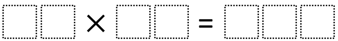 A math equation template with dotted square boxes for digits. Two boxes (representing a 2-digit number) are followed by a multiplication symbol (&times;), then two more boxes (another 2-digit number), followed by an equals sign (=), and finally three boxes for the 3-digit product.