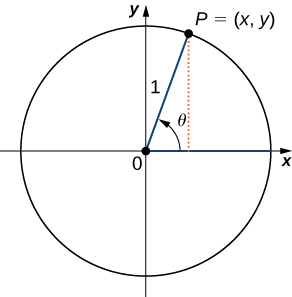 An image of a graph. The graph has a circle plotted on it, with the center of the circle at the origin, where there is a point. From this point, there is one line segment that extends horizontally along the x axis to the right to a point on the edge of the circle. There is another line segment that extends diagonally upwards and to the right to another point on the edge of the circle. This point is labeled &ldquo;P = (x, y)&rdquo;. These line segments have a length of 1 unit. From the point &ldquo;P&rdquo;, there is a dotted vertical line that extends downwards until it hits the x axis and thus the horizontal line segment. Inside the circle, there is an arrow that points from the horizontal line segment to the diagonal line segment. This arrow has the label &ldquo;theta&rdquo;.