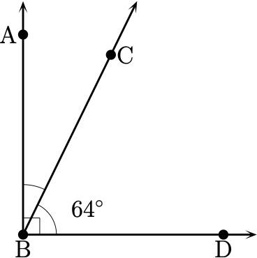 The right angle ABD is divided by ray BC. The angle CBD is 64 degrees.