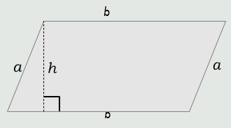 Diagram of a parallelogram labeled with sides 'a' and 'b,' and height 'h' marked perpendicularly from base 'b.'