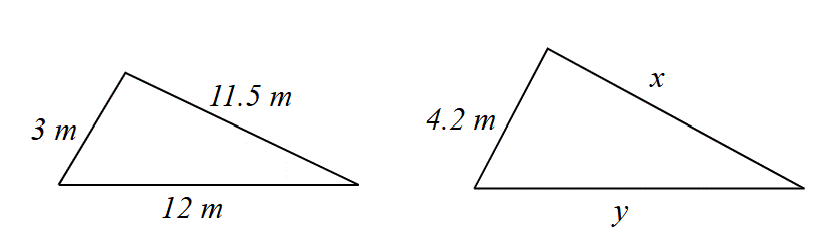 Two right triangles are shown; one with sides labeled 3 m and 12 m, and the other with sides labeled 4.2 m and y.
