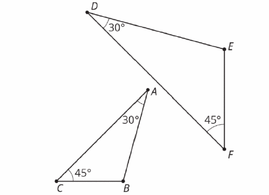 Two triangles are depicted, one with vertices labeled A, B, C and the other labeled D, E, F. Angles are marked: triangle ABC has 30&deg; at A and 45&deg; at C; triangle DEF has 30&deg; at D and 45&deg; at E.